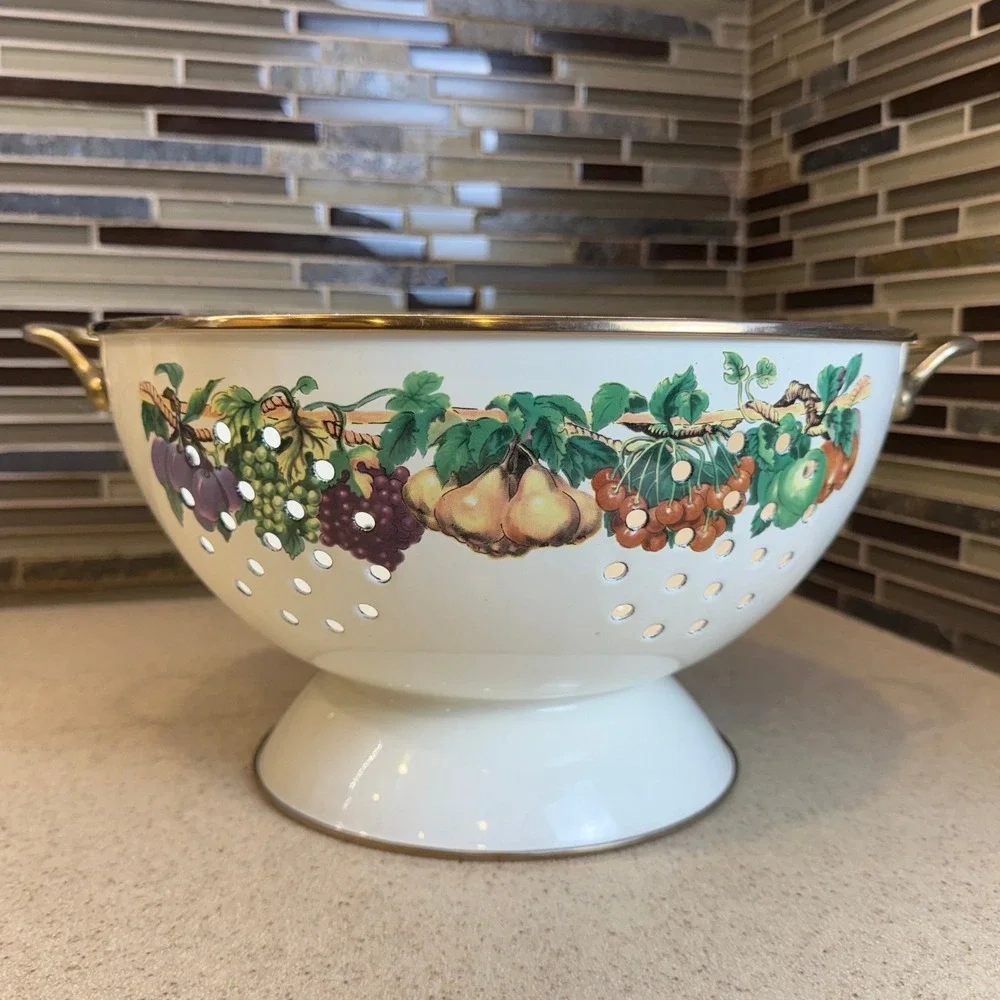 Vintage Enamel Fruit Colander White‎ Pedestal Strainer Brass Handles Cottagecore